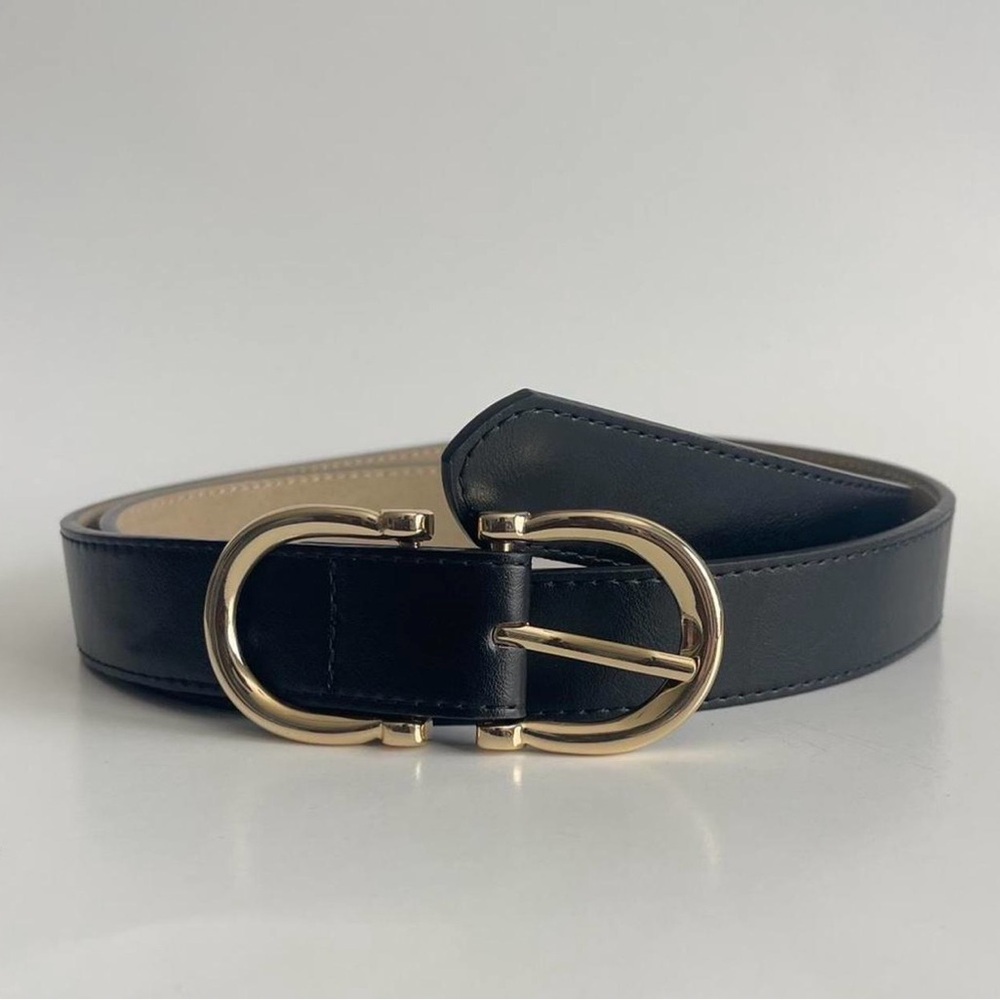 Elegant Black Faux Leather Belt with Gold Double Buckle Style Size XL
